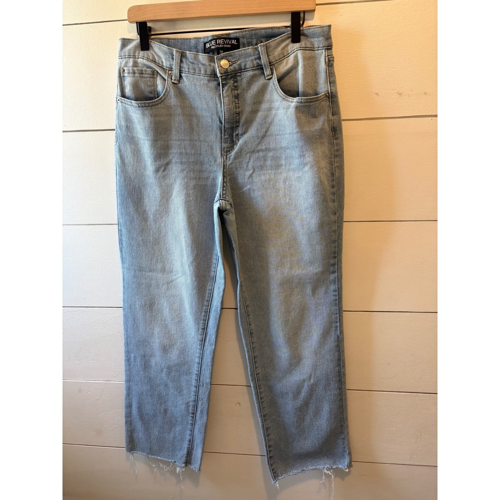Blue Revival Recycled Denim Light Wash Straight Leg Raw Hem Jeans Womens 31